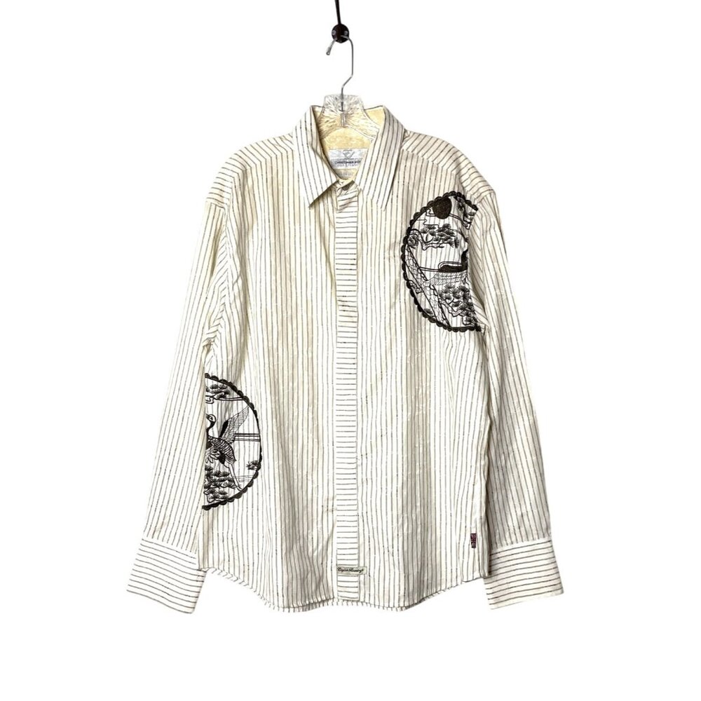 English Laundry Christopher Wicks XL Mens Striped Dress Shirt Embroidered Cranes